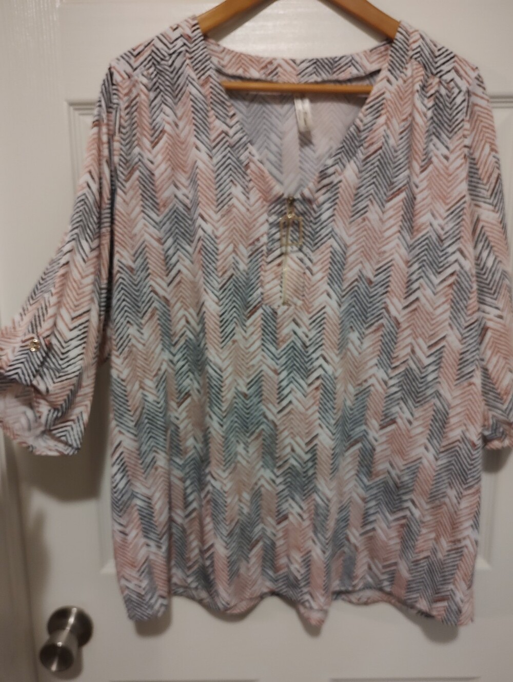 Perseption Chevron V-Neck Tunic - Pink, Gray, Cream